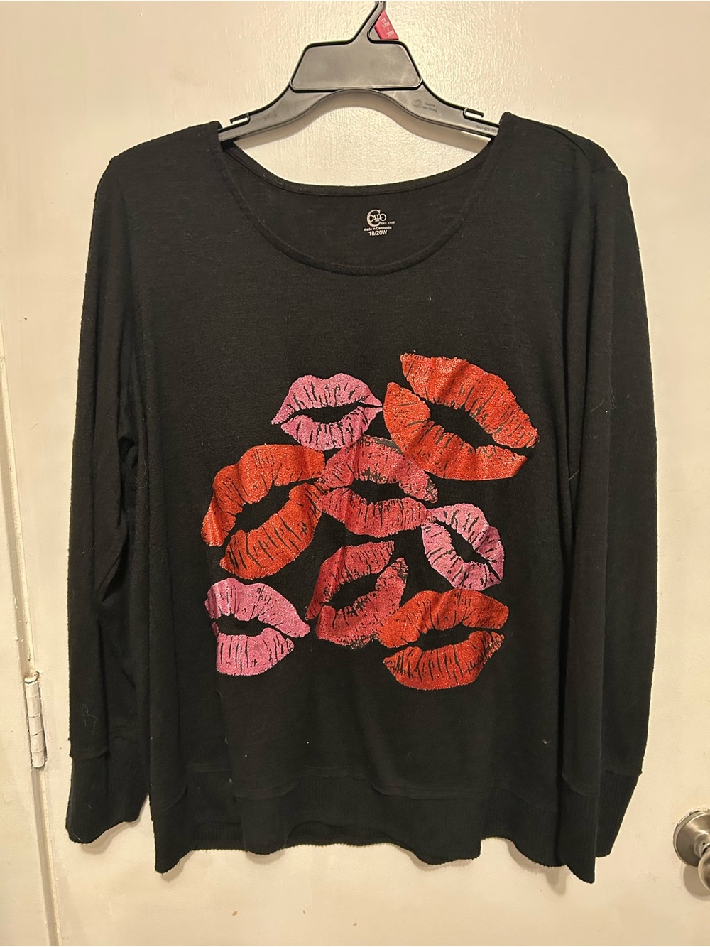 Cato Black Long Sleeve Top with Pink and Red Lip Print
